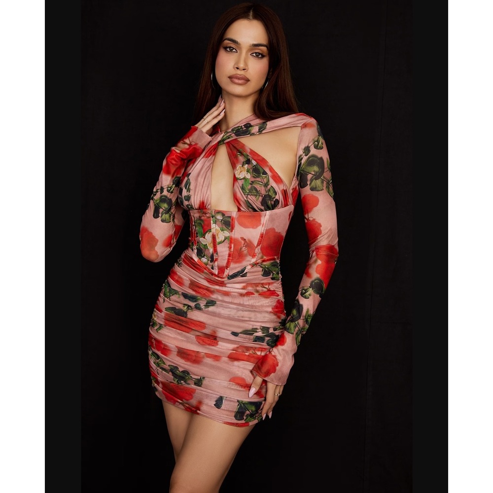 House of CB London Adanna Rose Print Corset‎ Mini Dress Large Pink Red Romantic
